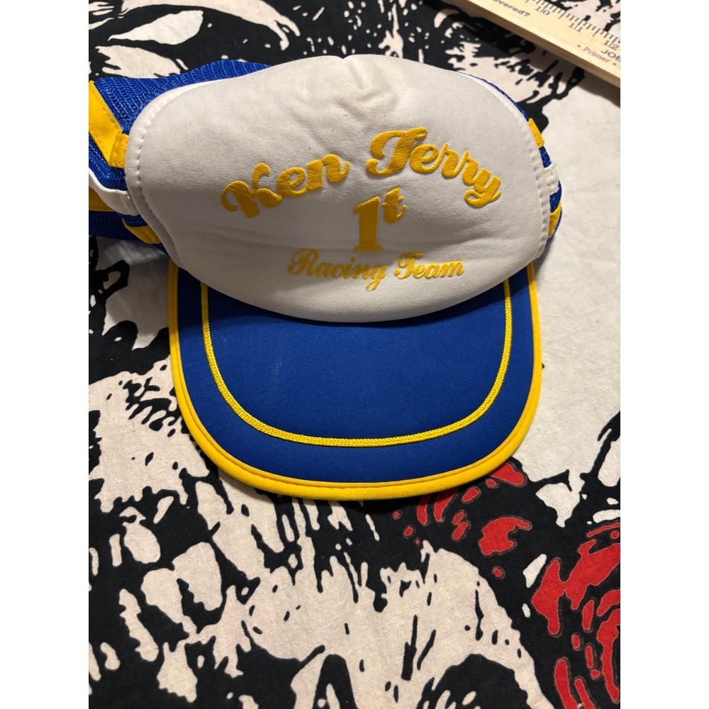 Vintage Ken Jerry 1st Racing Team Trucker Hat Blue White Snapback Mesh Cap